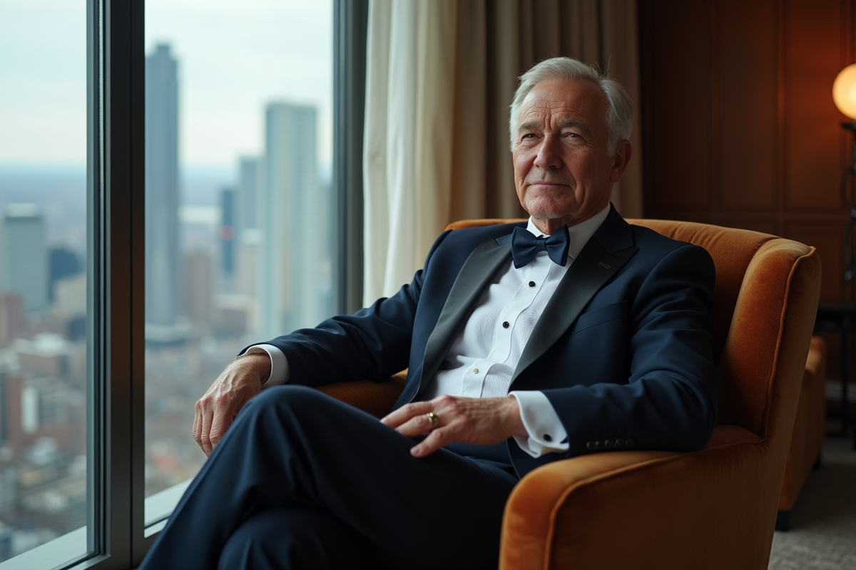Homme en smoking dans un penthouse avec vue urbaine