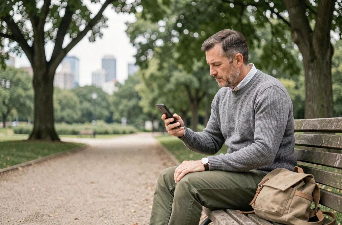 Homme planifiant un itinéraire pédestre sur Google Maps assis dans un parc urbain