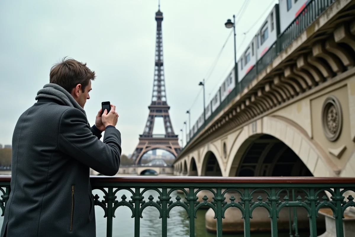 Homme photographiant la tour Eiffel depuis le pont de Bir-Hakeim avec les arches en fer forgé au premier plan