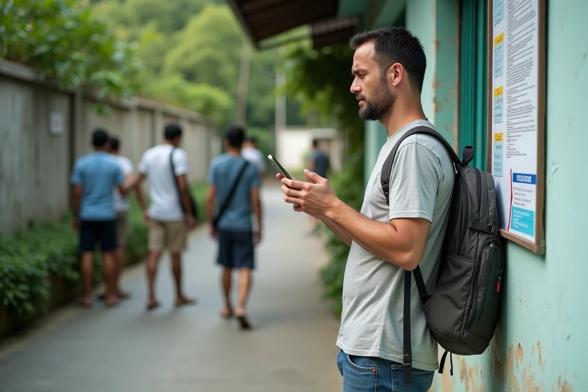 Homme devant un guichet de service en Thaïlande avec smartphone
