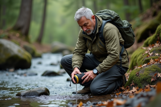 Homme en plein air utilisant un filtre à eau en forêt