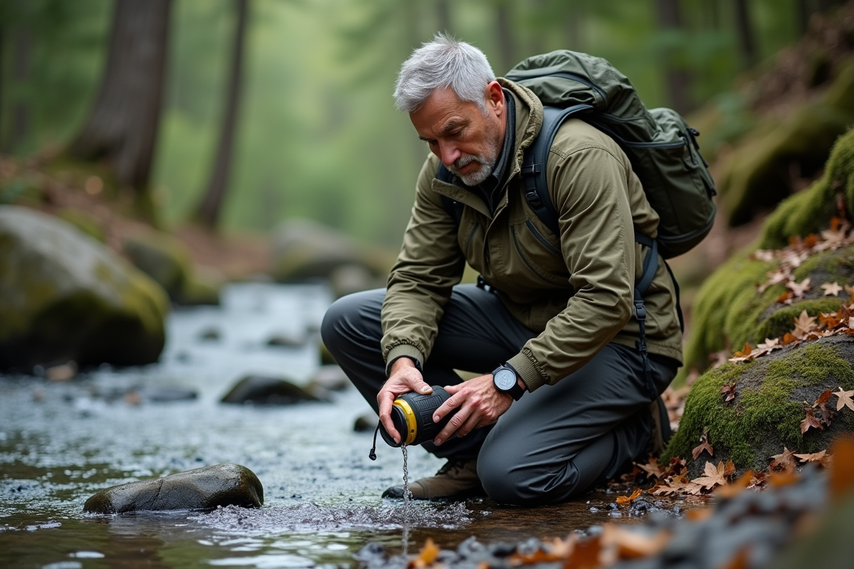 Homme en plein air utilisant un filtre à eau en forêt