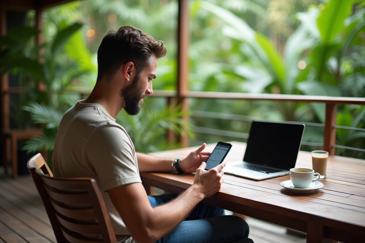 Homme en terrasse avec smartphone et jardin tropical