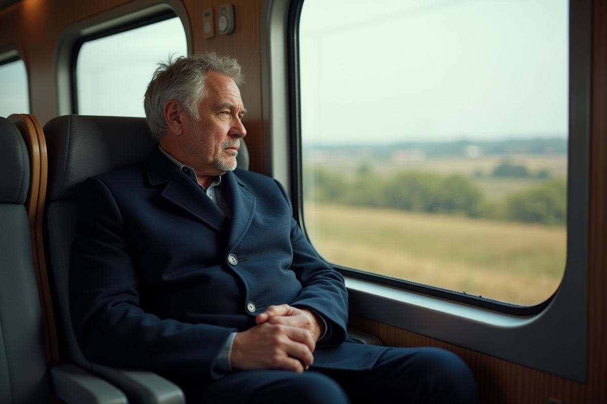 Homme en manteau regardant par la fenêtre d’un train en campagne