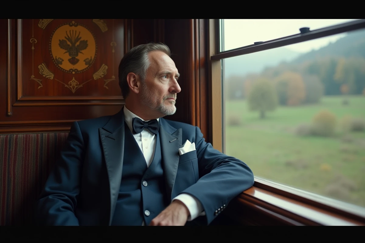 Homme élégant en costume vintage dans un train ancien