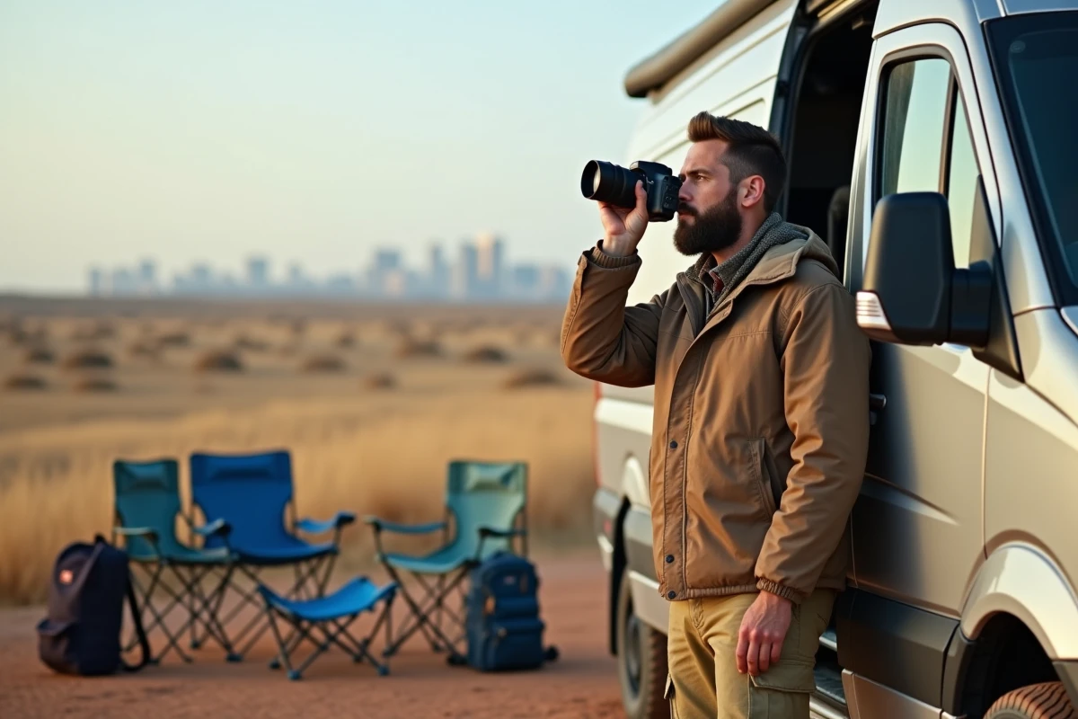Homme avec appareil photo près d’un van en voyage