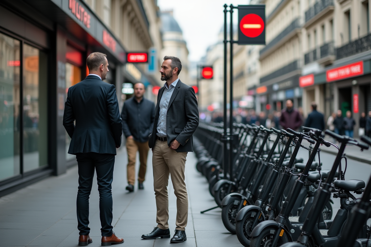 Deux hommes discutant près de scooters électriques à Paris