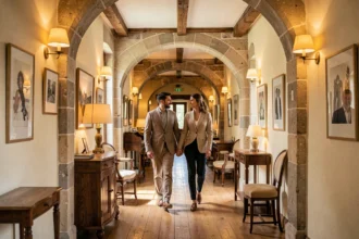 Couloir romantique d'un hôtel de charme dans le Nord de la France avec un couple se promenant main dans la main