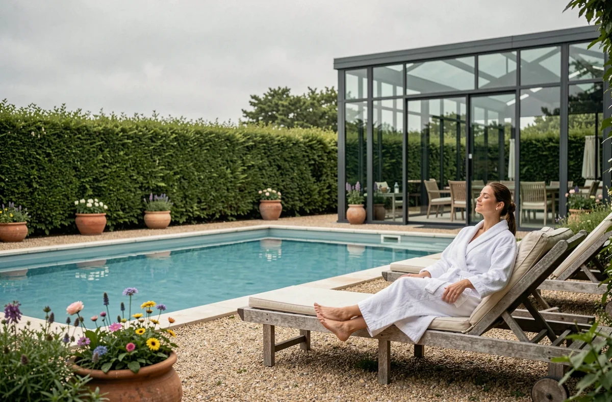 Terrasse et piscine extérieure des Jardins d'Hardelot avec une femme en peignoir se relaxant