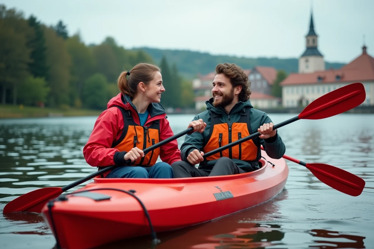 Jeune couple paddlant en kayak sur un lac calme en Allemagne