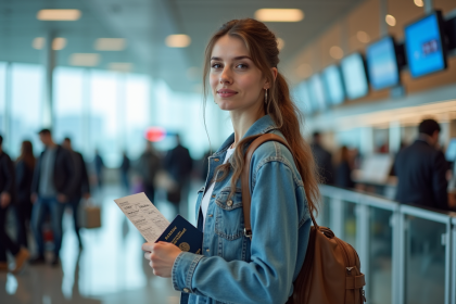 Jeune femme à l'aéroport avec passeport et billet