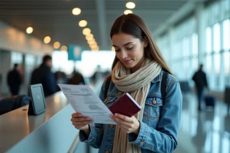 Jeune femme regardant un billet d'avion à l'aéroport