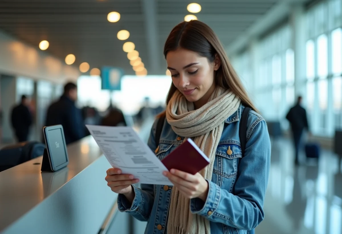 Jeune femme regardant un billet d'avion à l'aéroport