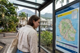 Jeune femme étudie un plan de bus coloré à La Réunion