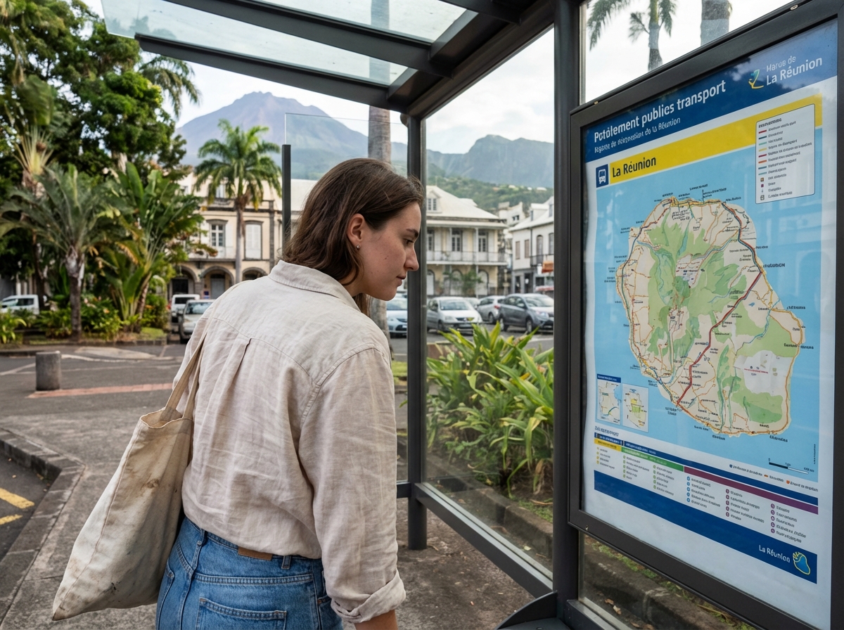 Jeune femme étudie un plan de bus coloré à La Réunion
