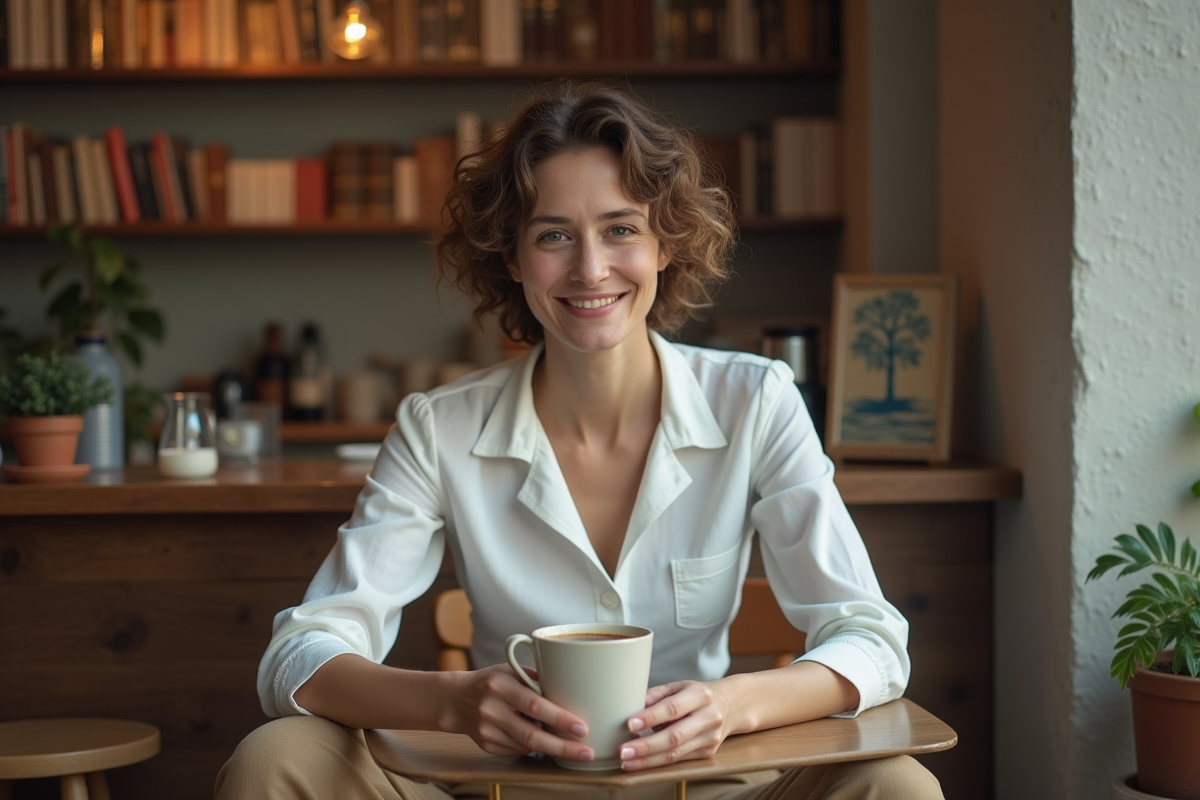 Jeune femme souriante dans un café chaleureux