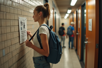 Jeune femme lisant un panneau dans des toilettes d'auberge