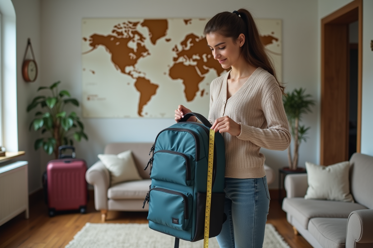 Jeune femme mesurant un sac à dos dans un salon moderne