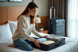 Jeune femme arrangeant sa valise dans une chambre d'hôtel moderne