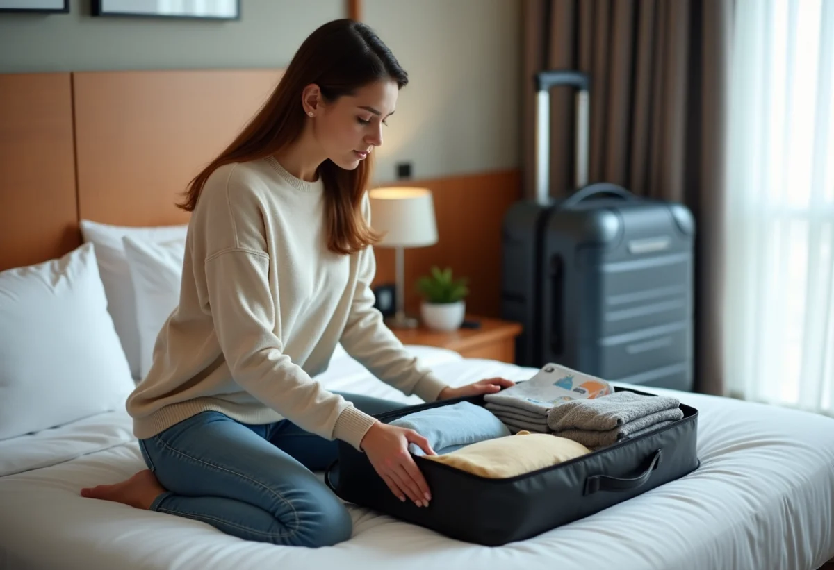 Jeune femme arrangeant sa valise dans une chambre d'hôtel moderne