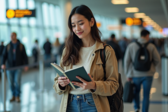 Jeune femme avec passeport en attente à l'aéroport