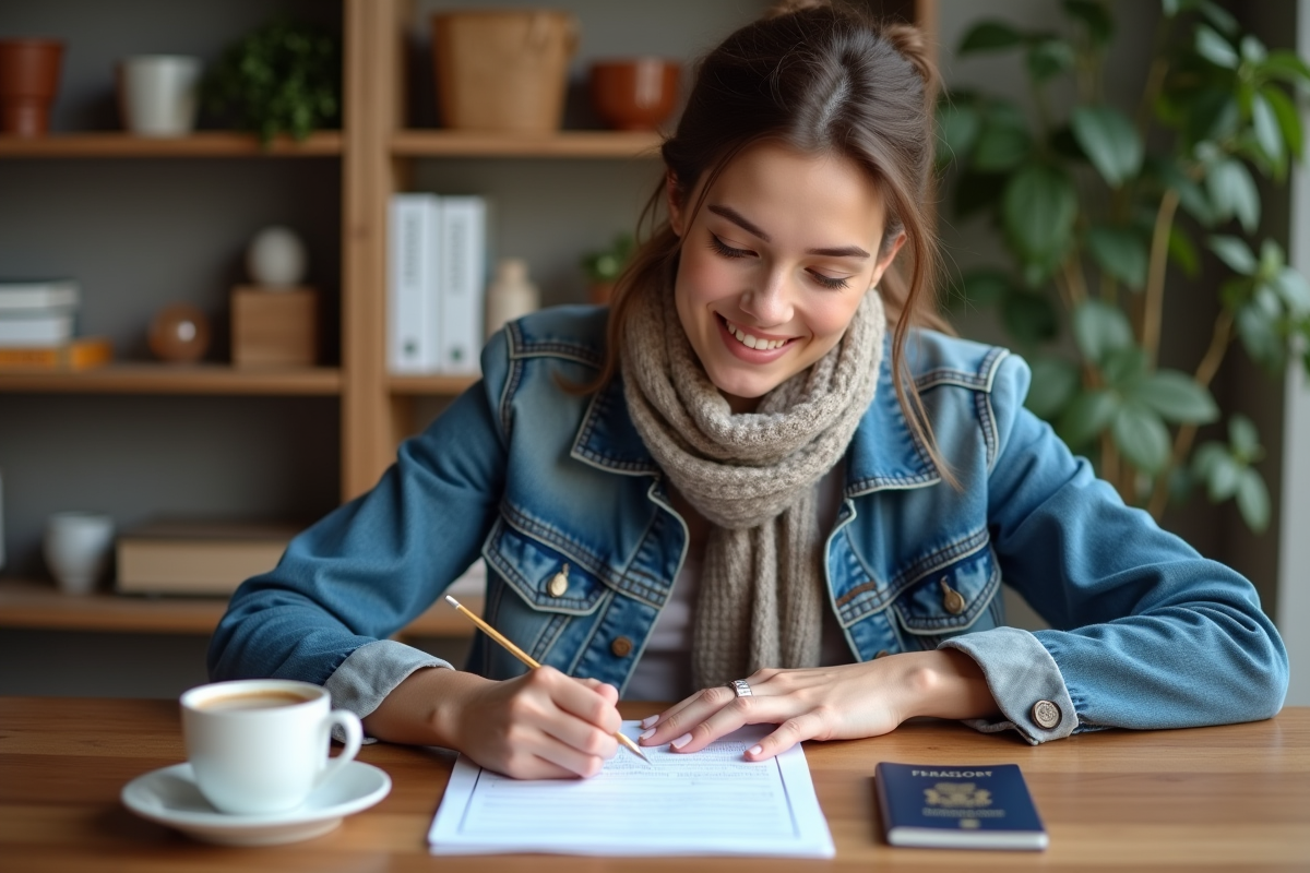 Jeune femme remplissant permis de conduire international à la maison