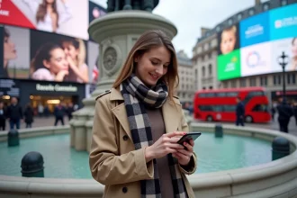 Jeune femme souriante devant la fontaine de Piccadilly Circus
