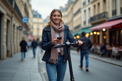 Jeune femme souriante déverrouillant un scooter électrique à Paris