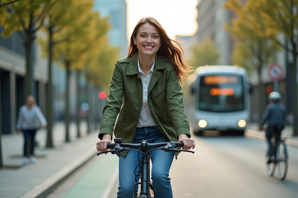 Jeune femme en vélo électrique dans la ville moderne