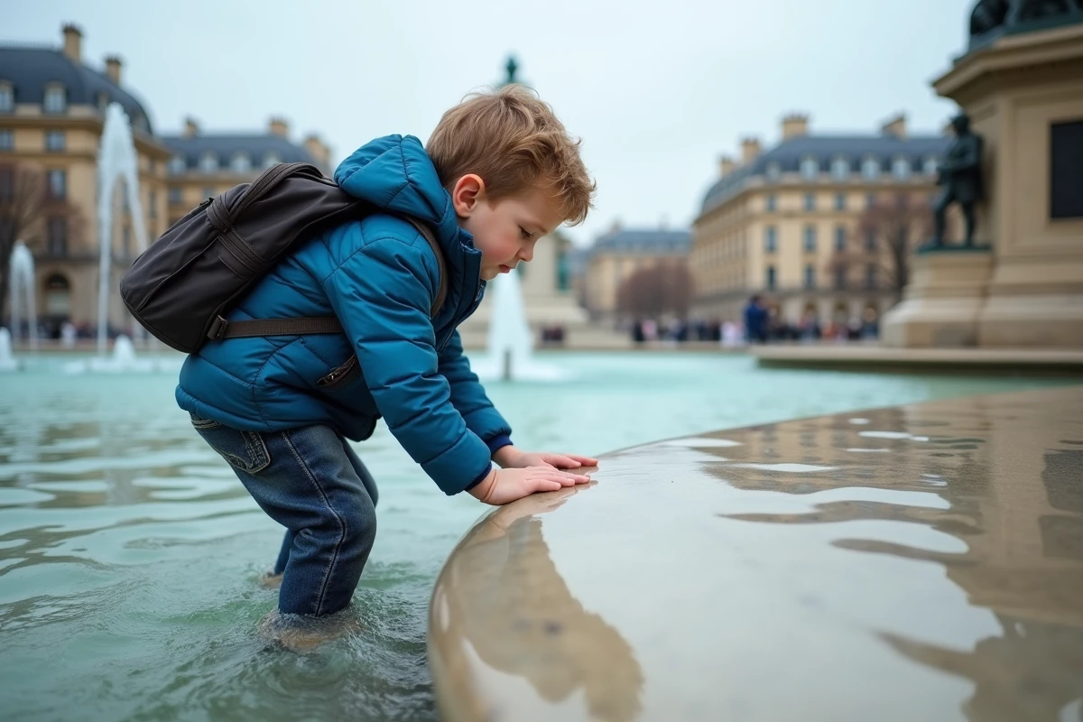 Jeune garçon jouant près de la fontaine à Place de la Republique