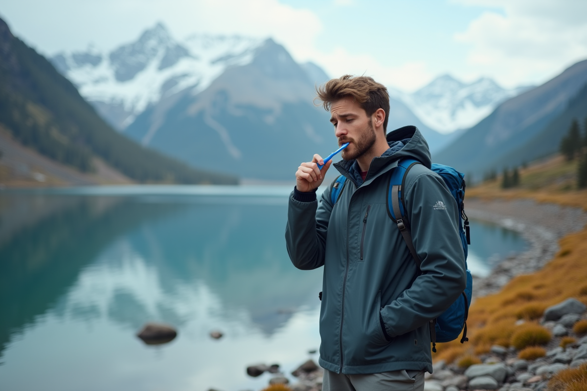 Jeune homme en randonnée se brossant les dents au bord d’un lac