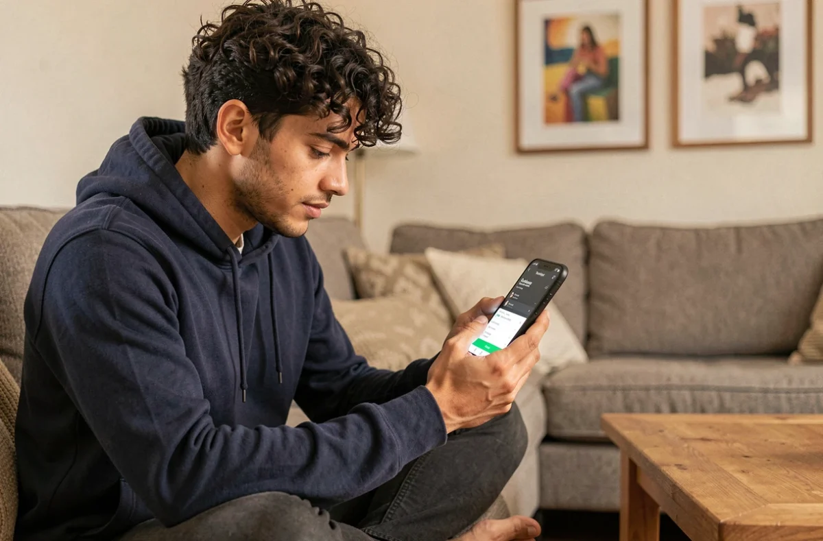 Jeune homme enregistrant un contact téléphonique avec le préfixe 0039 de l'Italie sur son smartphone dans un salon
