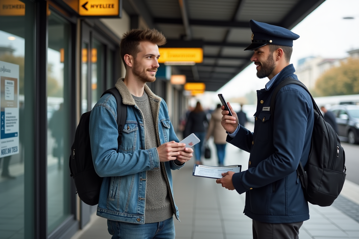 Jeune homme présentant permis de conduire à un guichet extérieur