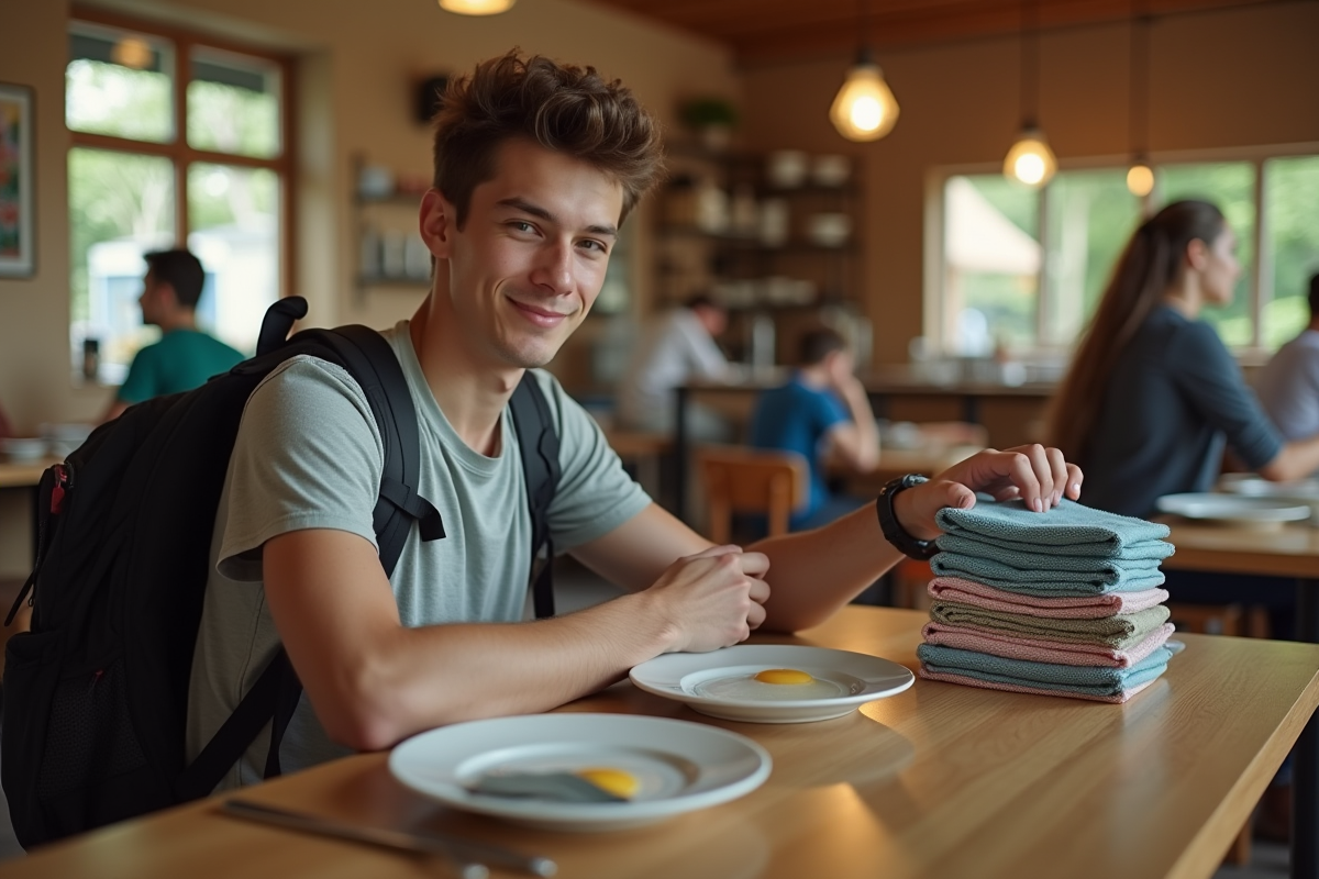 Jeune homme examinant des serviettes colorées au restaurant