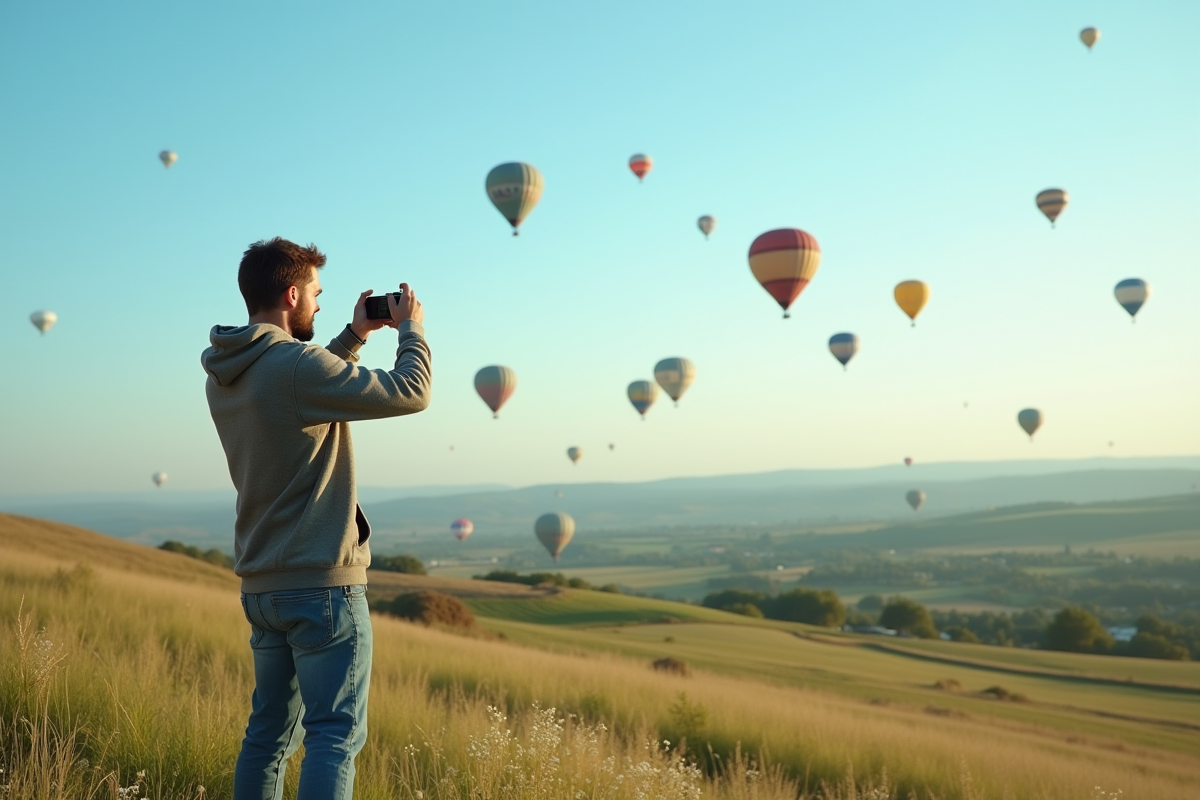 Jeune homme prenant en photo des ballons dans le ciel bleu