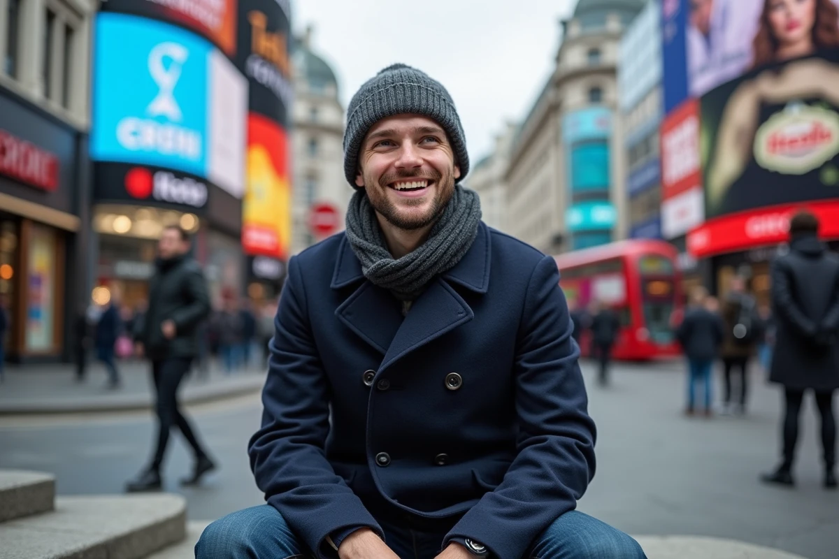Jeune homme assis sur un pas de pierre à Piccadilly Circus