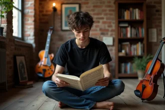 Jeune homme étudiant une partition baroque dans un appartement urbain