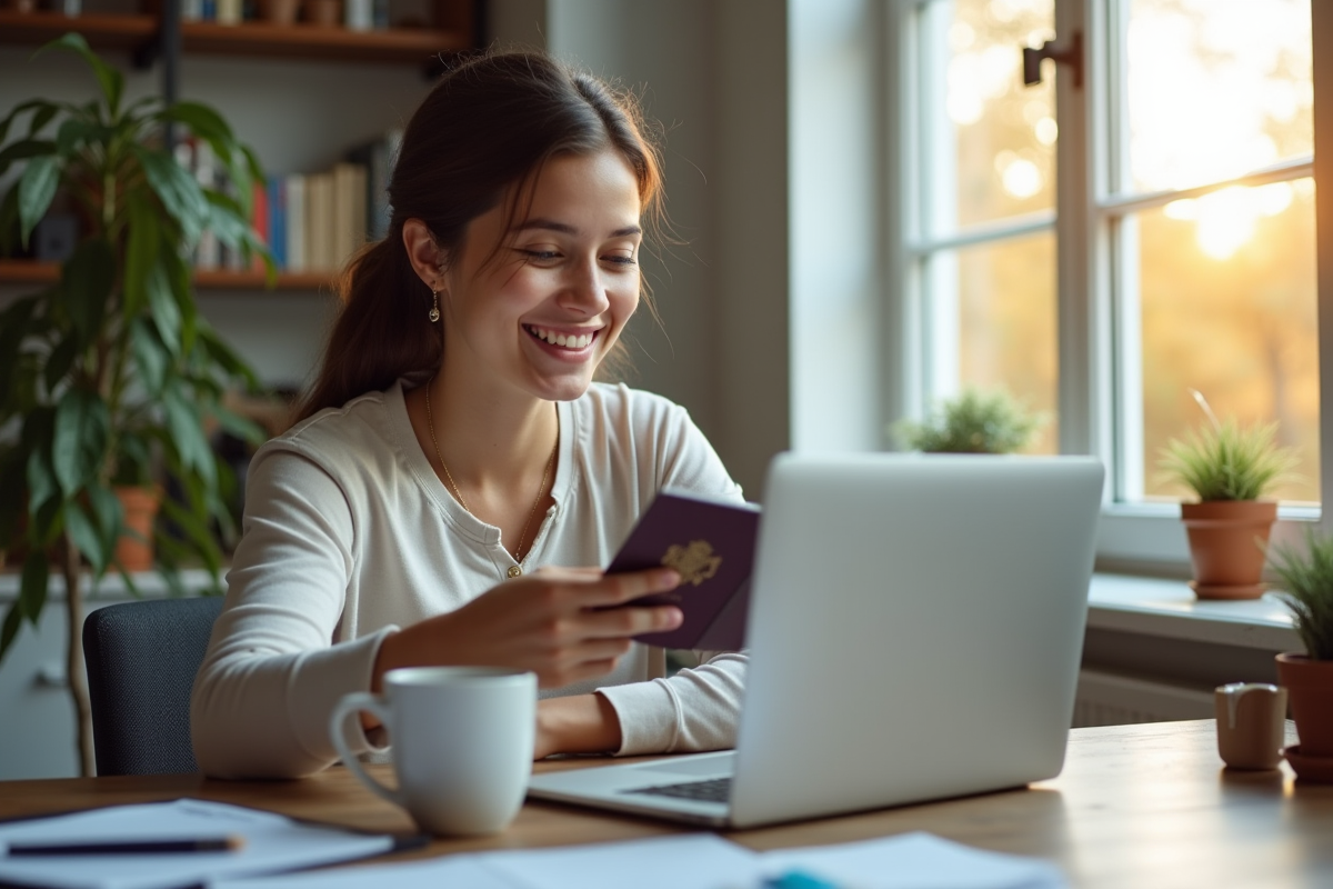 Jeune voyageur souriant avec passeport et ordinateur à la maison