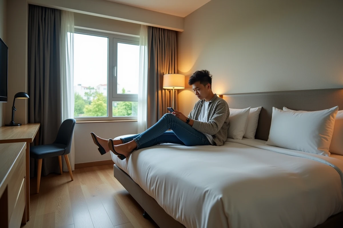 Jeune voyageur relaxant dans chambre d