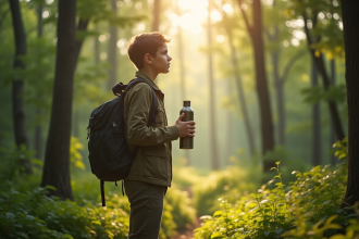 Jeune voyageur dans la forêt verte avec bouteille réutilisable
