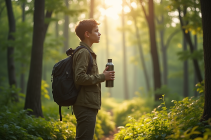 Jeune voyageur dans la forêt verte avec bouteille réutilisable