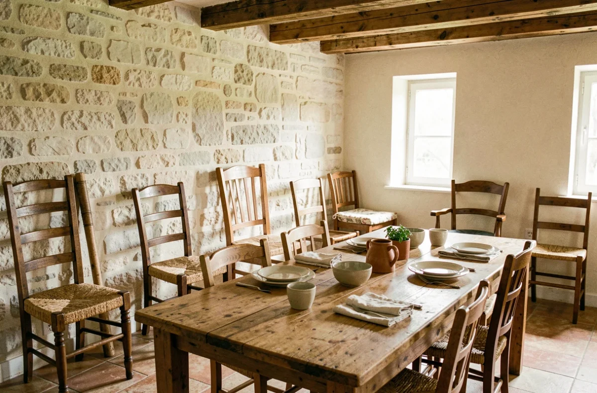 Intérieur chaleureux de La Chaiserie avec ses chaises anciennes exposées le long des murs en pierre blanchie et sa table en chêne rustique