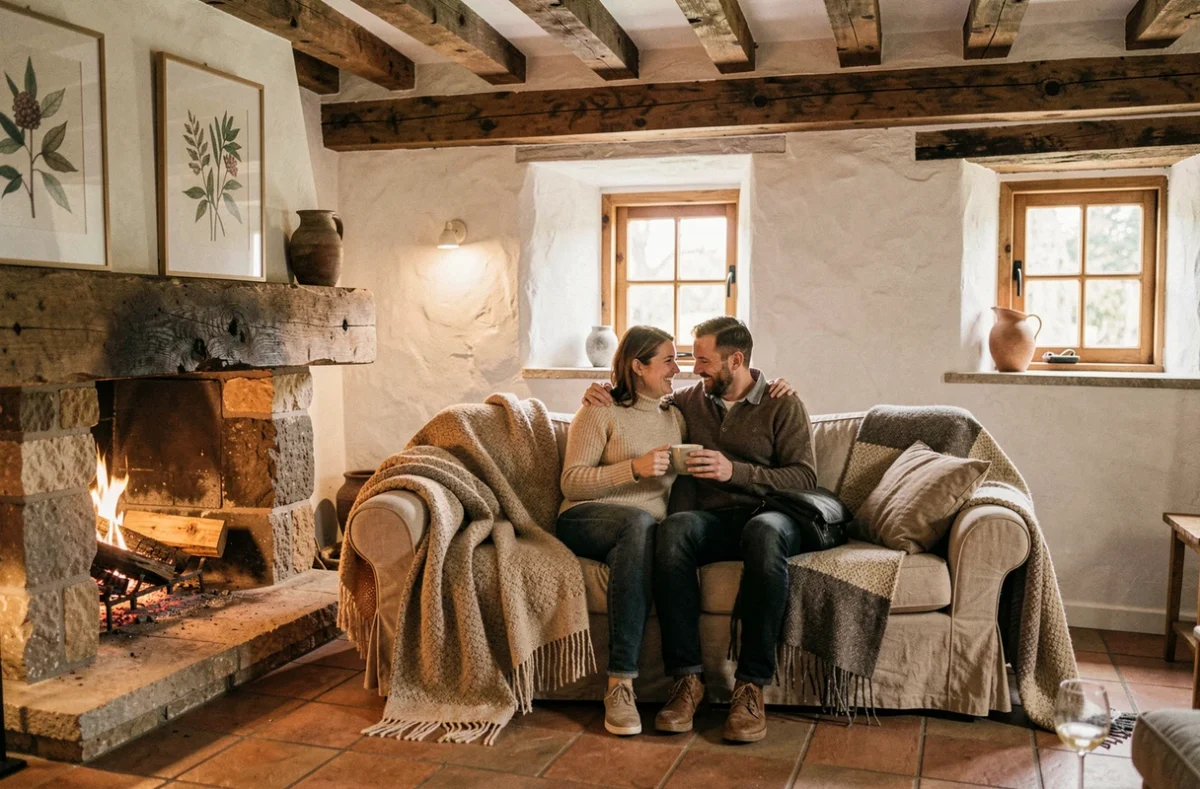 Salon cosy de La Niche avec un couple partageant un thé près d'une cheminée en pierre