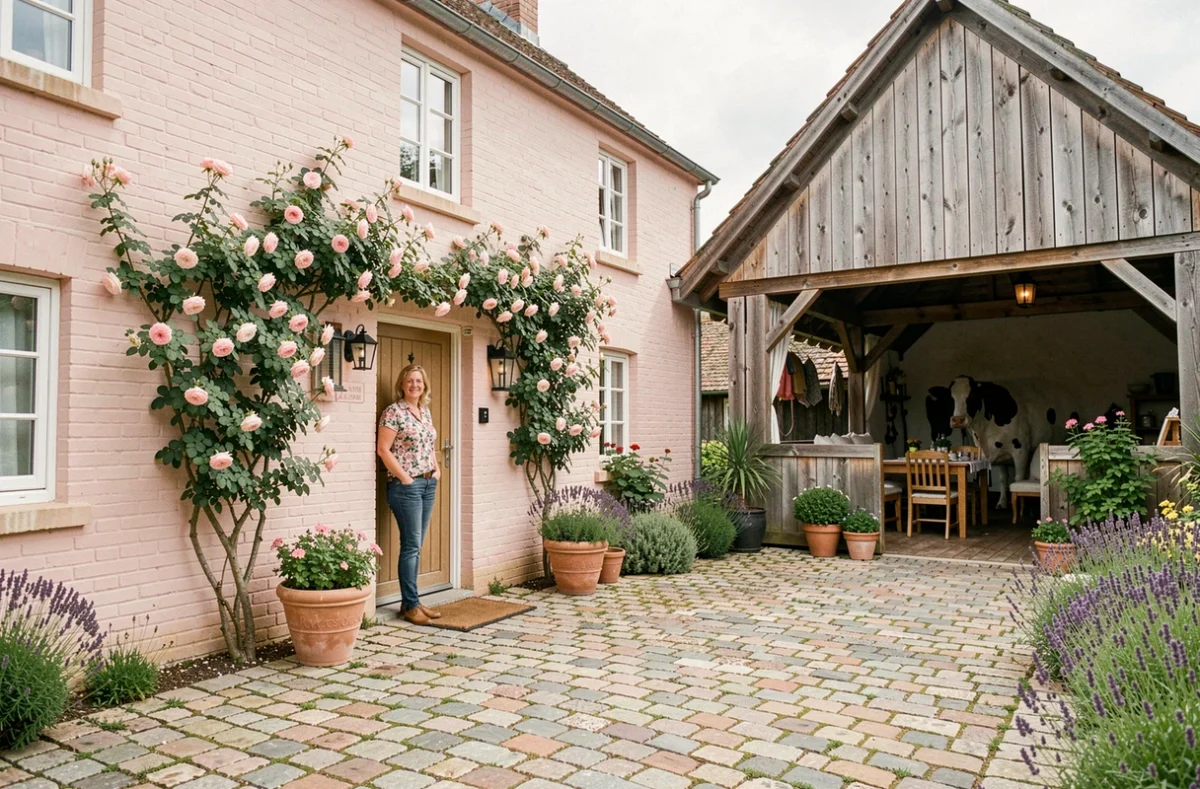 Façade en briques roses de La Rose Laitière avec des rosiers grimpants et une hôtesse souriante devant la porte d'entrée en bois