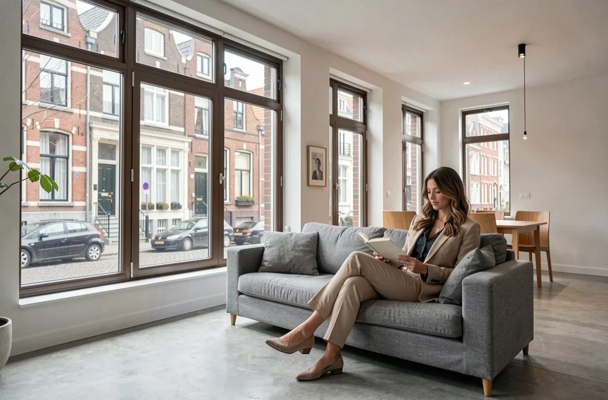 Intérieur contemporain du gîte Lille Avenue avec sol en béton ciré, canapé en lin gris et vue sur les façades flamandes de Lille depuis de grandes fenêtres