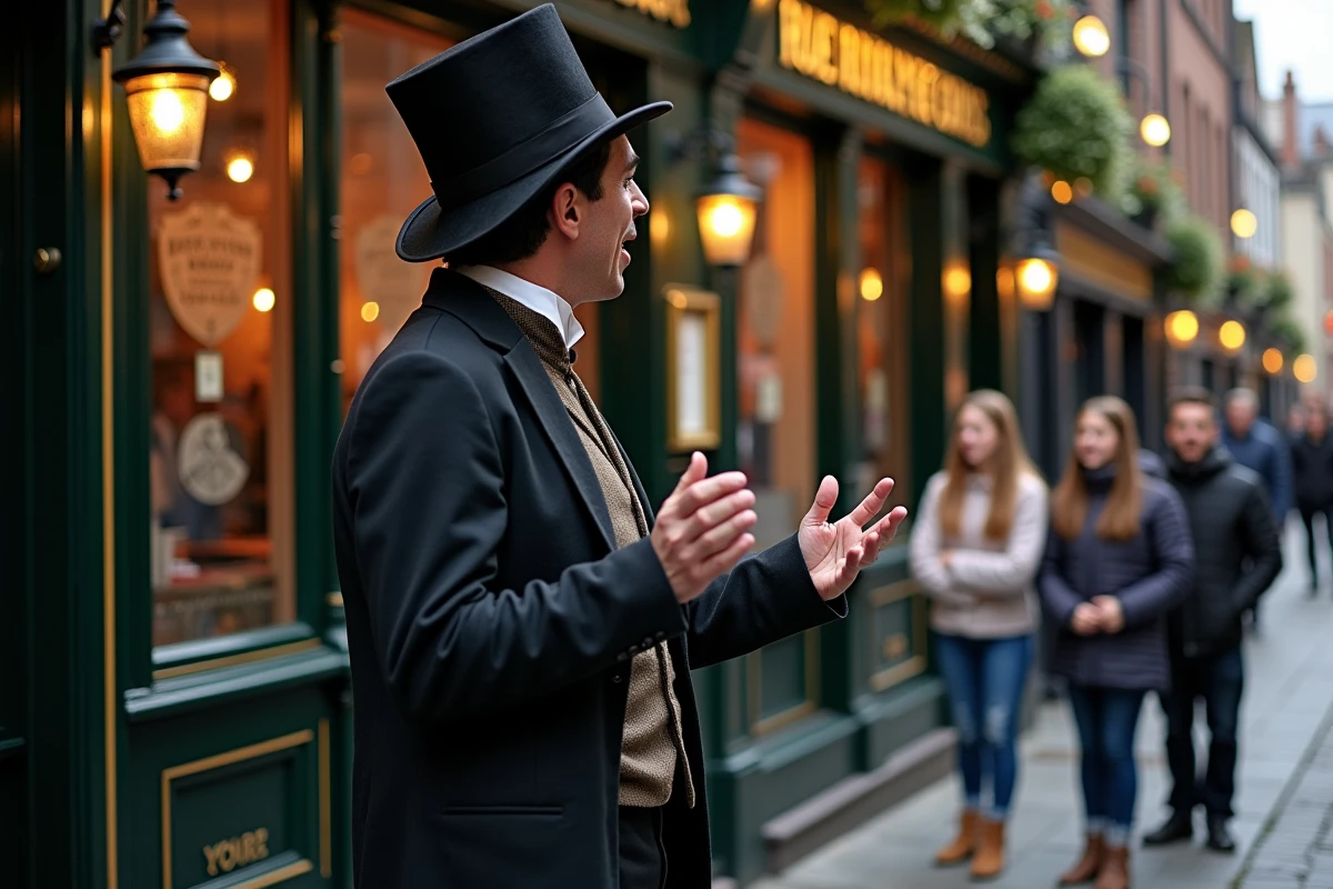 Guide en costume victorien animant un Literary Pub Crawl littéraire familial devant un pub dublinois