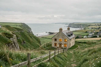 Paysage de vacances dans les Hauts-de-France avec falaises côtières, champs verdoyants et gîte en pierre traditionnelle