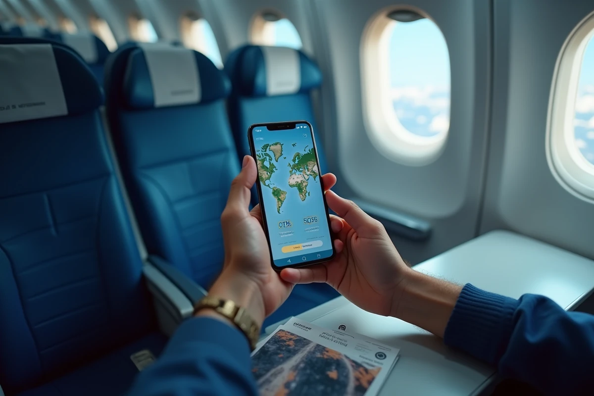 Mains tenant un smartphone avec interface eSIM Saily active à bord d'un avion en vol