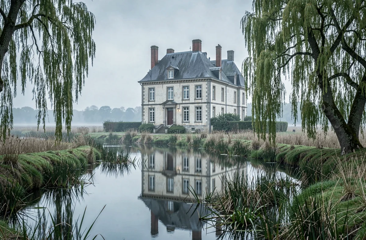 Le Manoir de Brion à Carentan-les-Marais avec reflets dans les marais environnants