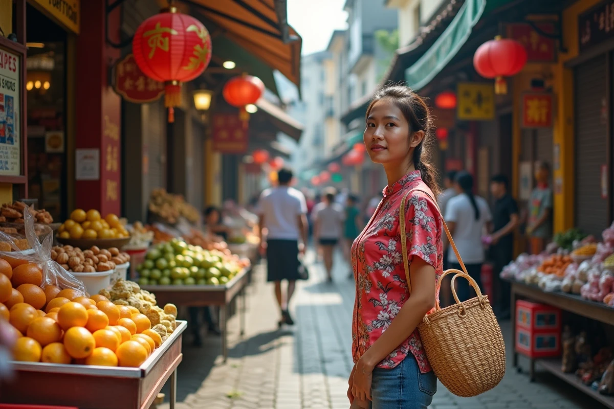 Une jeune femme malaisienne au marché animé de Petaling Street dans le Chinatown de Kuala Lumpur